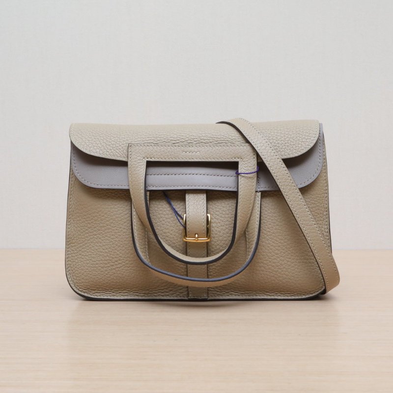 HERMES Halzan25雙提手單肩包S2風衣灰TC皮Y刻金扣肩背包-1