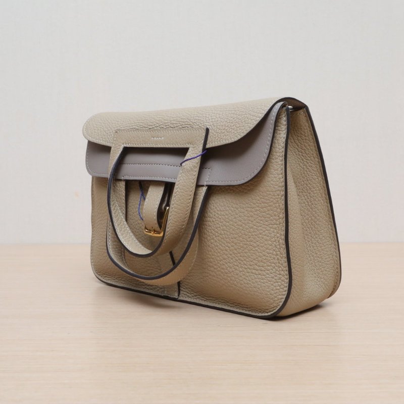 HERMES Halzan25雙提手單肩包S2風衣灰TC皮Y刻金扣肩背包-4