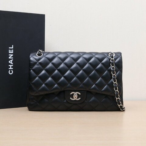 CHANEL 黑色羊皮14開銀扣CF經典口蓋包JUMBO菱格紋肩背包