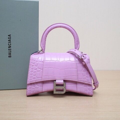 BALENCIAGA Hourglass沙漏XS碼鱷魚壓紋粉色銀扣牛皮肩背包