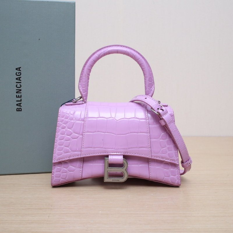 BALENCIAGA Hourglass沙漏XS碼鱷魚壓紋粉色銀扣牛皮肩背包-0