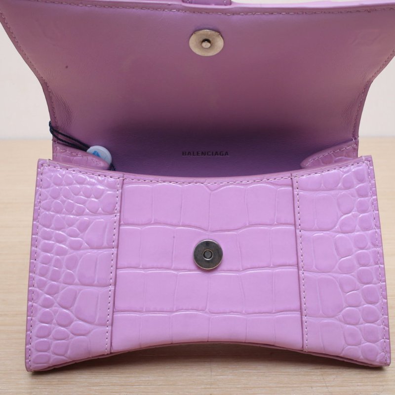 BALENCIAGA Hourglass沙漏XS碼鱷魚壓紋粉色銀扣牛皮肩背包-3