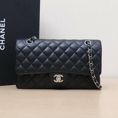 CHANEL CF口蓋包中號25.5黑色荔枝牛皮24開銀扣肩背包