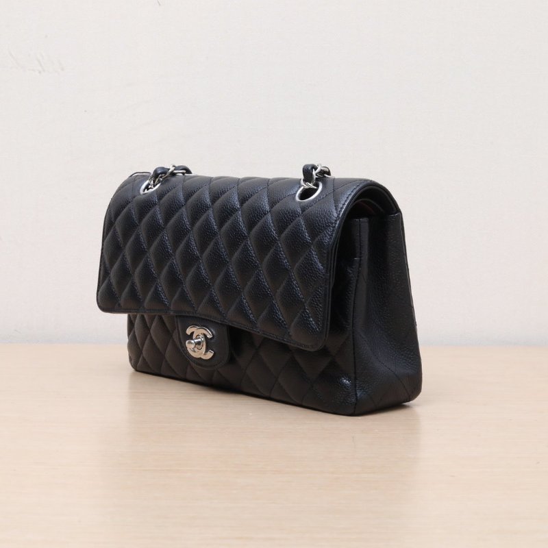 CHANEL CF口蓋包中號25.5黑色荔枝牛皮24開銀扣肩背包-3