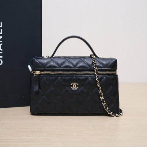CHANEL 25C飯盒包黑色荔枝牛皮鐳射標淺金扣單皮穿鏈肩帶皮手柄肩背包