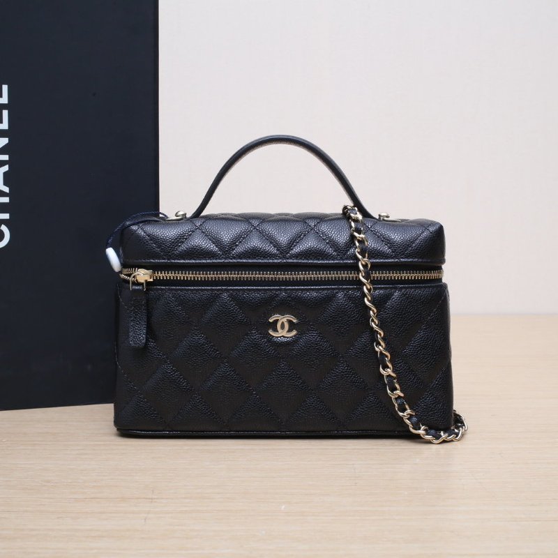 CHANEL 25C飯盒包黑色荔枝牛皮鐳射標淺金扣單皮穿鏈肩帶皮手柄肩背包-0