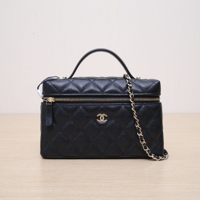 CHANEL 25C飯盒包黑色荔枝牛皮鐳射標淺金扣單皮穿鏈肩帶皮手柄肩背包-1