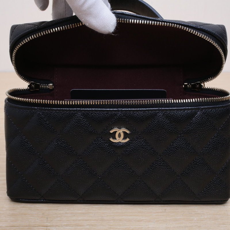 CHANEL 25C飯盒包黑色荔枝牛皮鐳射標淺金扣單皮穿鏈肩帶皮手柄肩背包-3