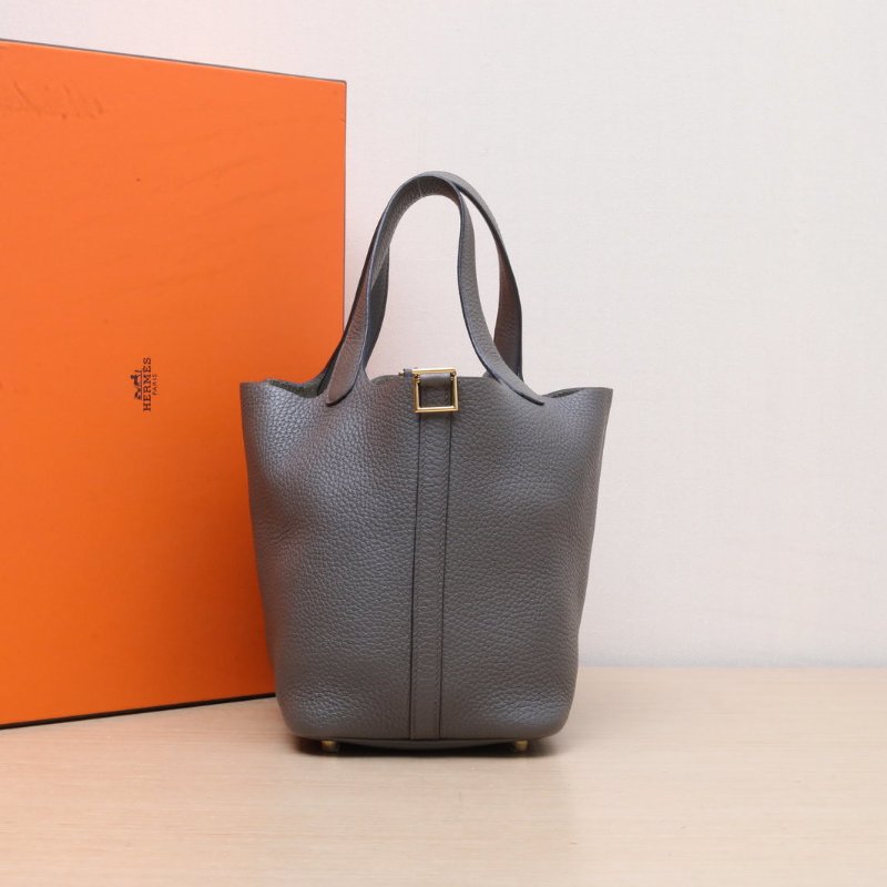 HERMES Picotin菜籃子188F錫器灰TC皮D刻金扣肩背包-0