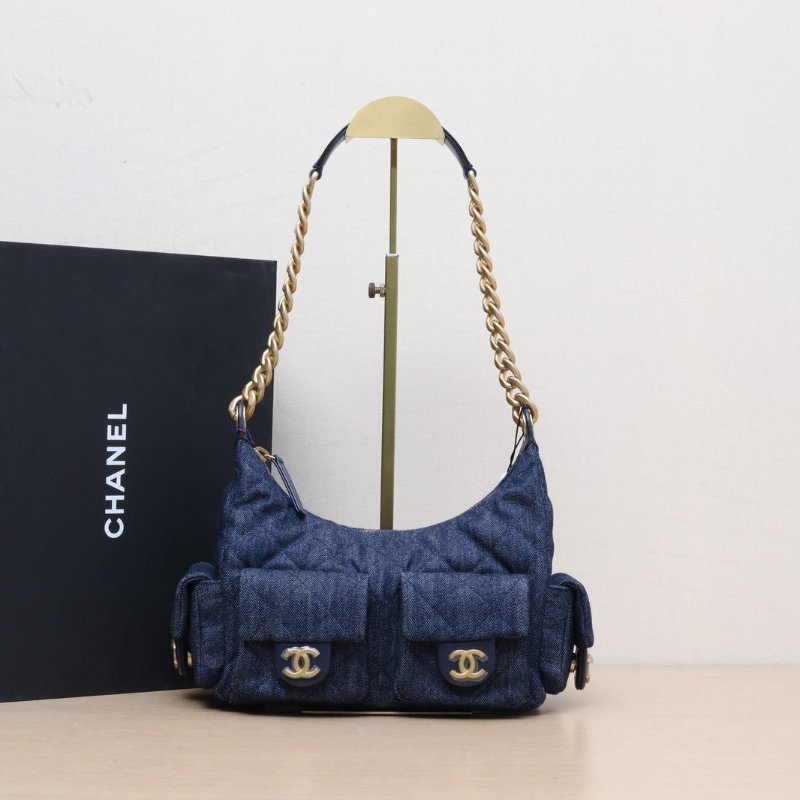 CHANEL 25Chobo雙口袋腋下包牛仔藍牛仔晶片開金扣肩背包-0