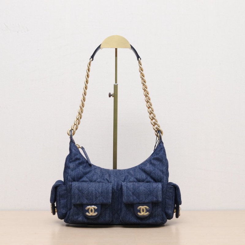 CHANEL 25Chobo雙口袋腋下包牛仔藍牛仔晶片開金扣肩背包-1