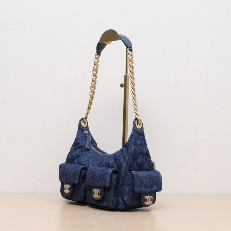 CHANEL 25Chobo雙口袋腋下包牛仔藍牛仔晶片開金扣肩背包-3