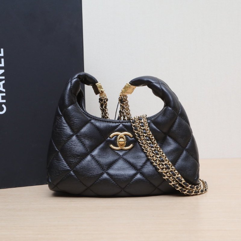 CHANEL 24AHobo黑色羊皮晶片開金扣四鏈條肩帶肩背包-0