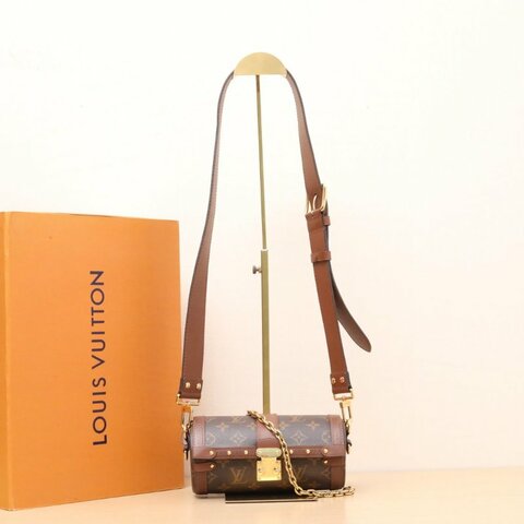 LOUIS VUITTON PAPILLON巴比龍TRUNK鏈條圓桶包老花PVC晶片肩背包
