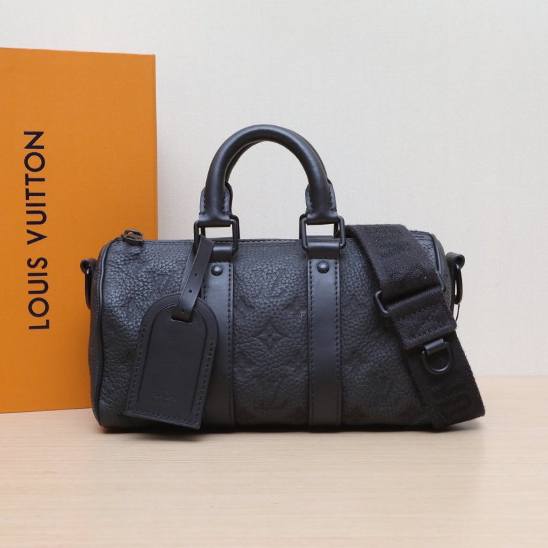 LOUIS VUITTON KEEPALL25黑色牛皮晶片老花壓紋肩背包-0