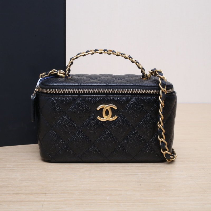 CHANEL 22S手提長盒子化妝包帶鏡子16黑色荔枝牛皮31開金扣雙皮穿拼金屬字母手柄肩背包-0