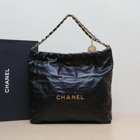 CHANEL 22BagTote托特包中號35黑色牛皮晶片開金扣肩背包