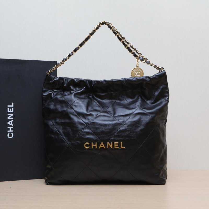 CHANEL 22BagTote托特包中號35黑色牛皮晶片開金扣肩背包-0