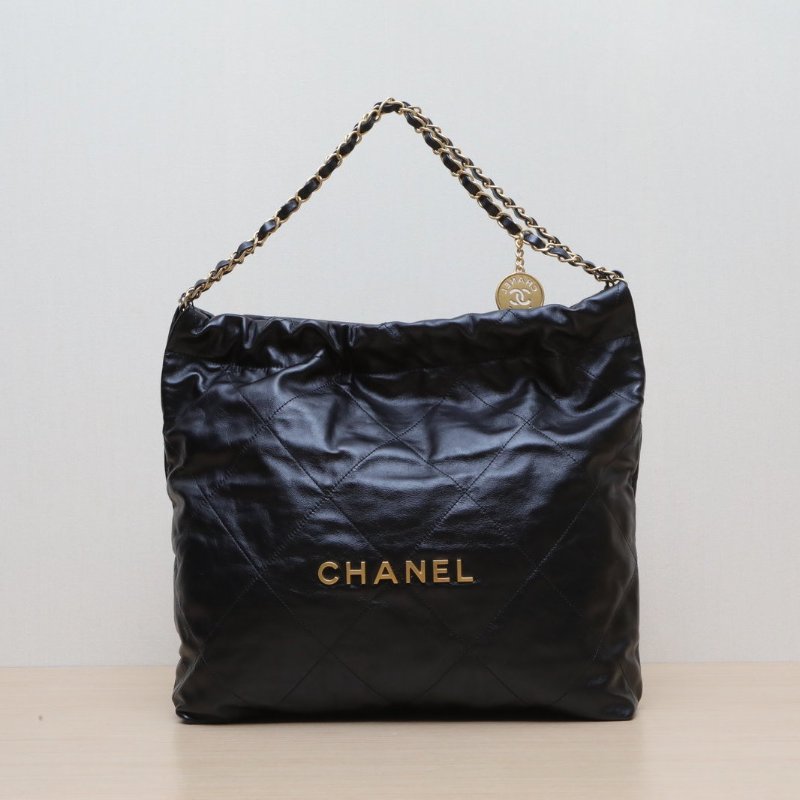 CHANEL 22BagTote托特包中號35黑色牛皮晶片開金扣肩背包-1