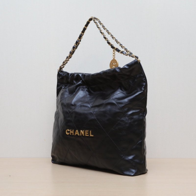 CHANEL 22BagTote托特包中號35黑色牛皮晶片開金扣肩背包-4