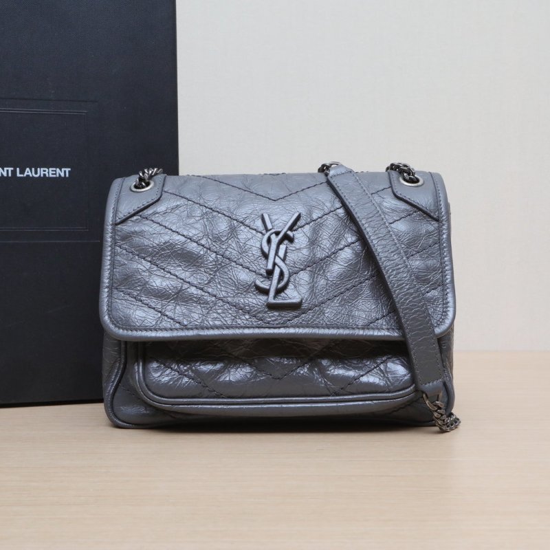 SAINT LAURENT NikiMini21灰色牛皮銀扣肩背包-0