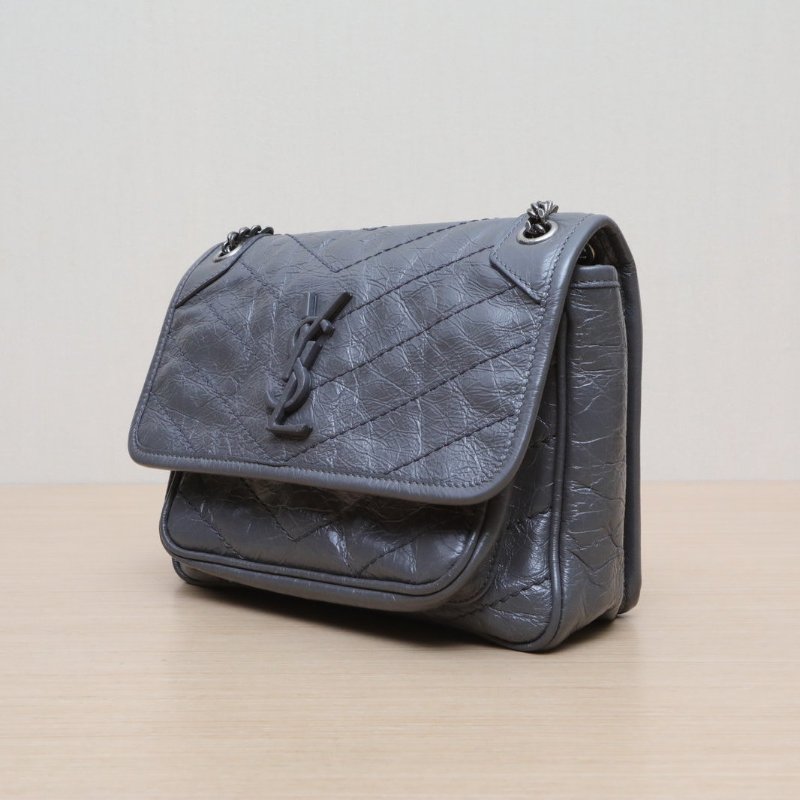 SAINT LAURENT NikiMini21灰色牛皮銀扣肩背包-3