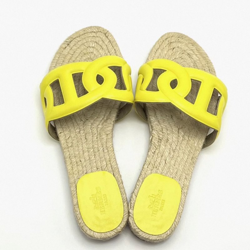 HERMES 檸檬黃豬鼻子草編鞋底拖鞋 36號 98新配件塵袋-0