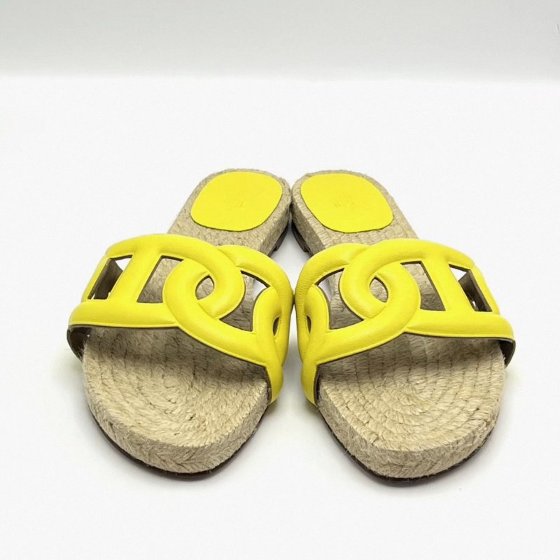 HERMES 檸檬黃豬鼻子草編鞋底拖鞋 36號 98新配件塵袋-2
