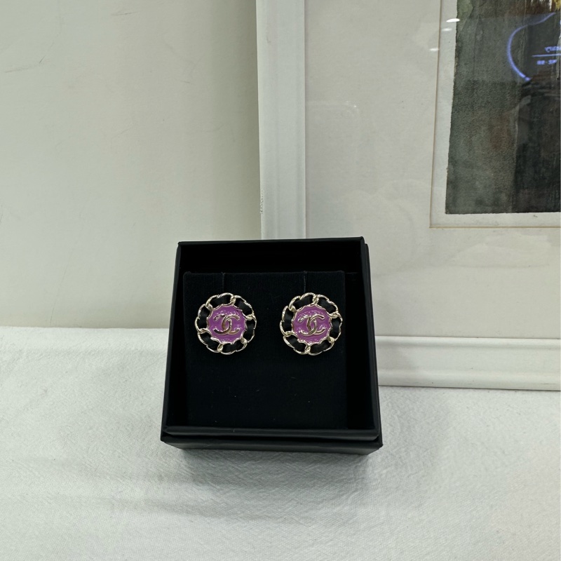 CHANEL香奈兒-24A復古紫色琺瑯皮穿鏈條圓形雙C耳環-1