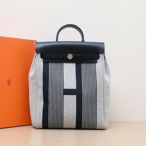 HERMES HERBAGadoszip雙肩包14米色拼89黑色帆布/Hunter牛皮Z刻銀扣肩背包