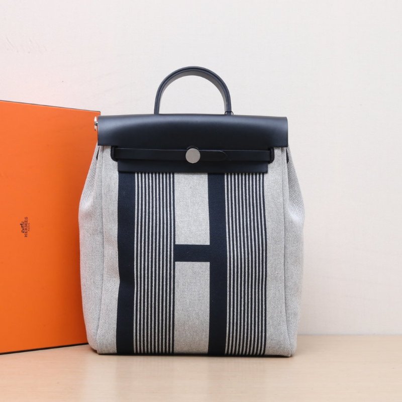 HERMES HERBAGadoszip雙肩包14米色拼89黑色帆布/Hunter牛皮Z刻銀扣肩背包-0