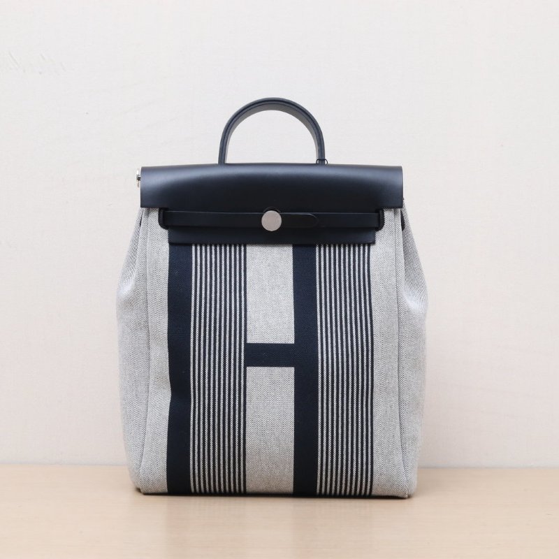 HERMES HERBAGadoszip雙肩包14米色拼89黑色帆布/Hunter牛皮Z刻銀扣肩背包-1