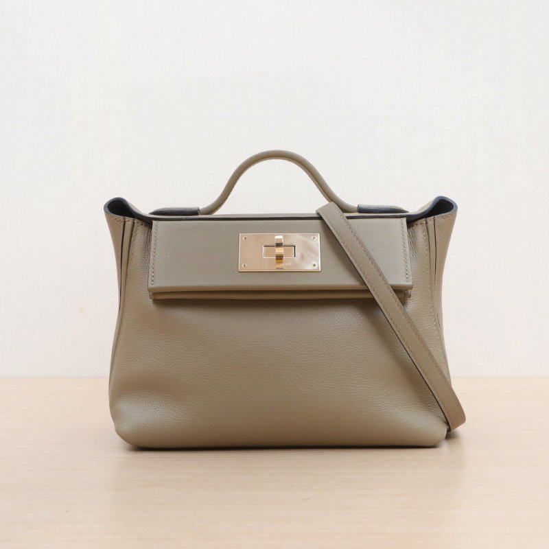 HERMES 2424Mini218Q馬爾法米色拼H0朦朧灰EC皮W刻金扣肩背包-1