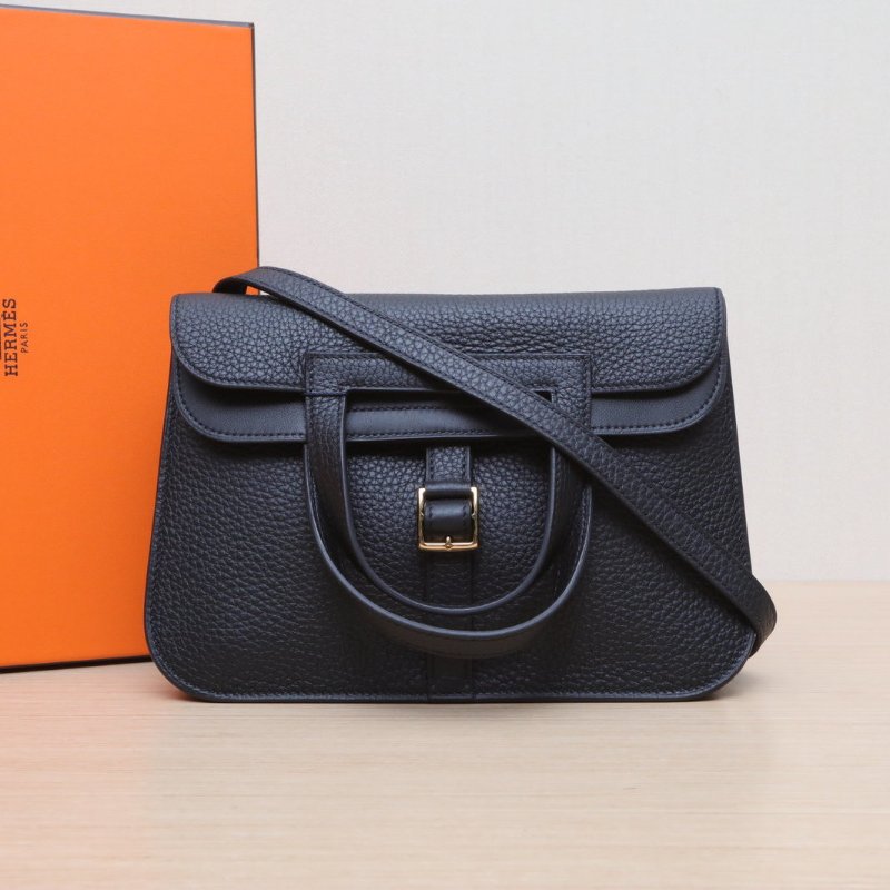 HERMES Halzan25雙提手單肩包89黑色TC皮W刻金扣肩背包-0