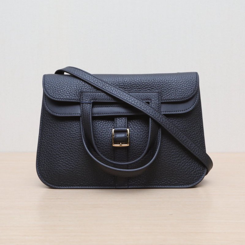 HERMES Halzan25雙提手單肩包89黑色TC皮W刻金扣肩背包-1