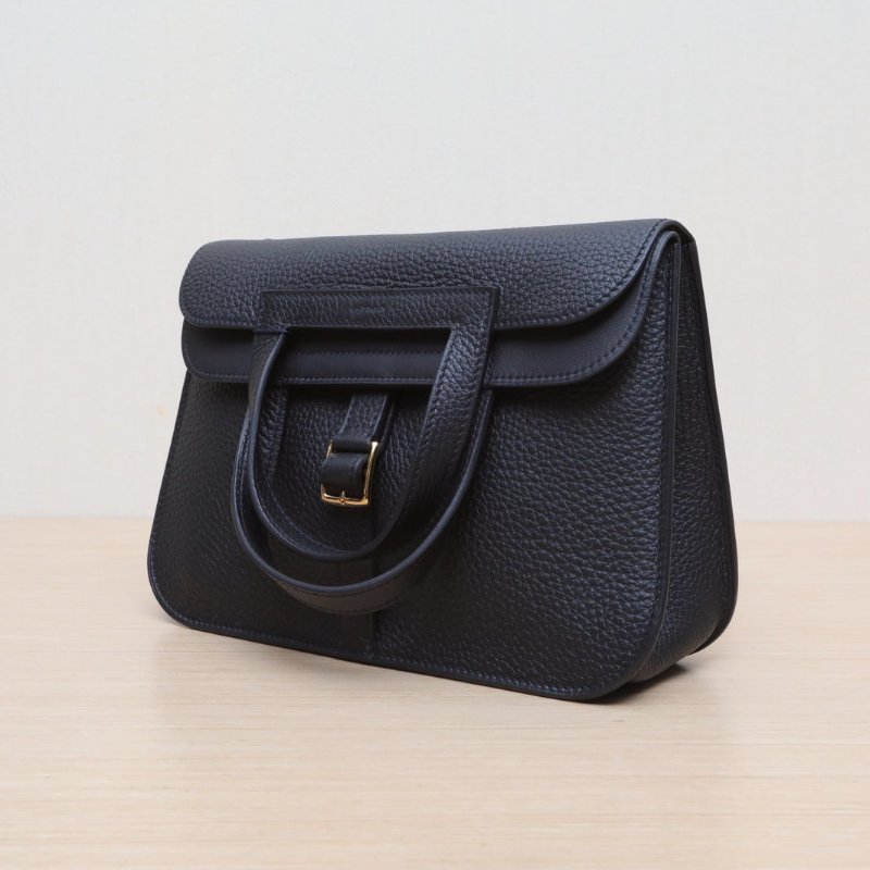 HERMES Halzan25雙提手單肩包89黑色TC皮W刻金扣肩背包-4
