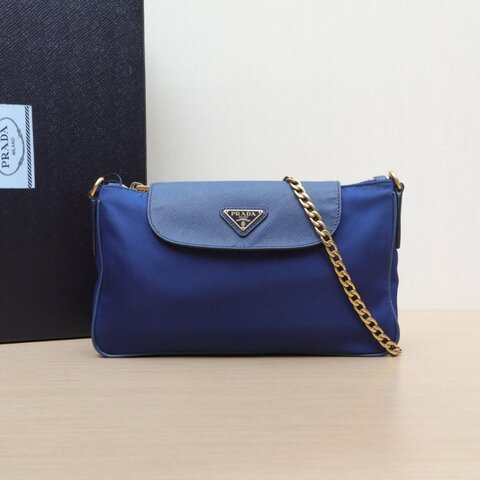 PRADA 藍色牛皮尼龍金扣降落傘鏈條單肩斜挎包/肩背包