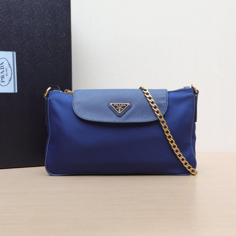 PRADA 藍色牛皮尼龍金扣降落傘鏈條單肩斜挎包/肩背包-0