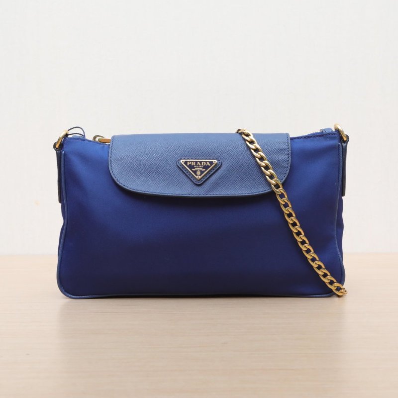 PRADA 藍色牛皮尼龍金扣降落傘鏈條單肩斜挎包/肩背包-1