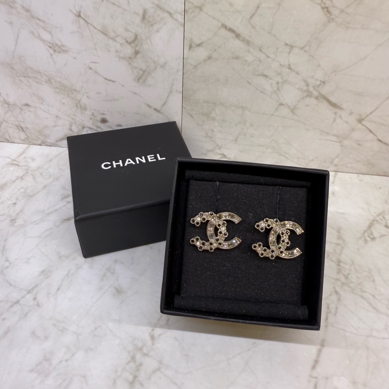 CHANEL 水鑽拼黑鑽雙C耳環-0