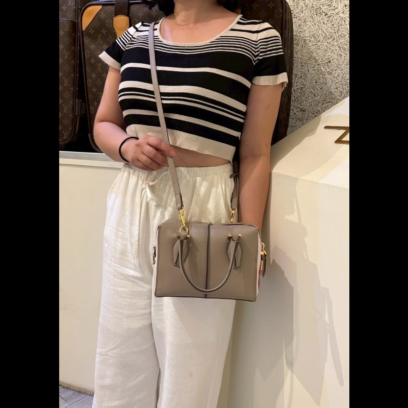 Tod's 粉+灰拼接皮革小號波士頓包 D-Cube-2