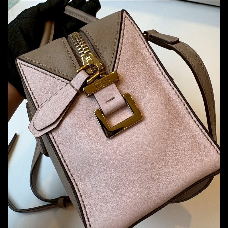 Tod's 粉+灰拼接皮革小號波士頓包 D-Cube-16