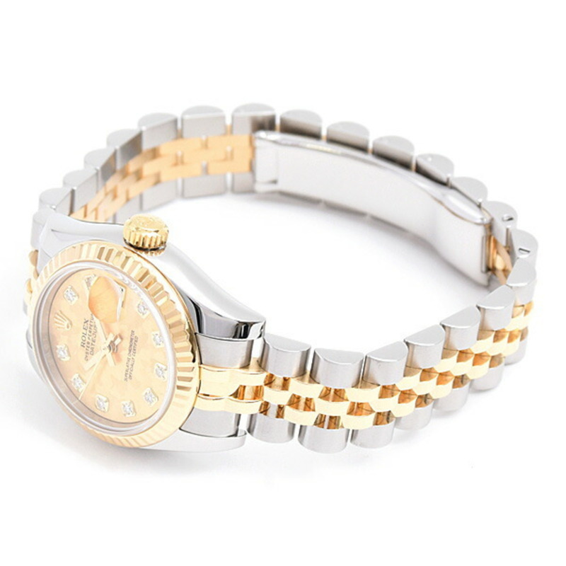 勞力士女士日誌型10P自動腕錶，隨機金色水晶錶盤，不鏽鋼和黃金材質，型號179173G-1