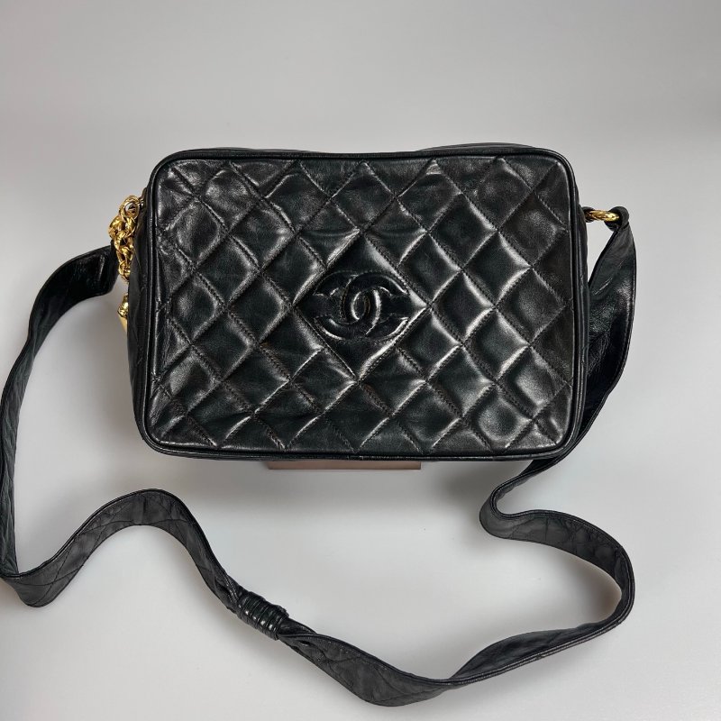 CHANEL 菱格紋金球雙層相機包 黑 26開-0