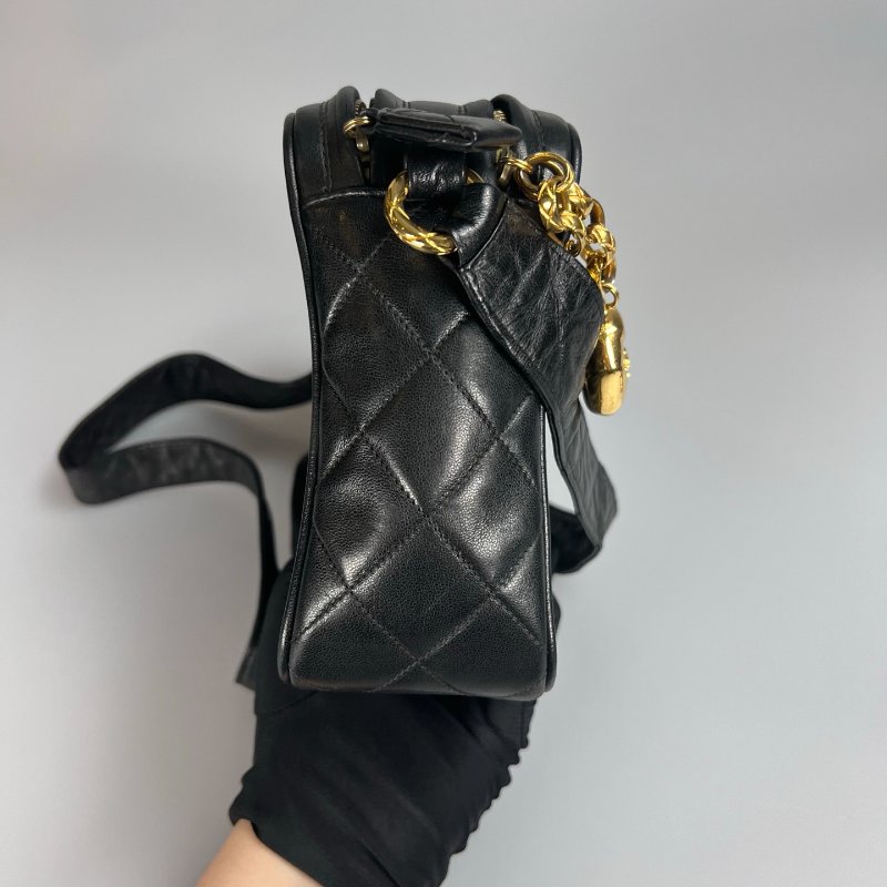 CHANEL 菱格紋金球雙層相機包 黑 26開-3