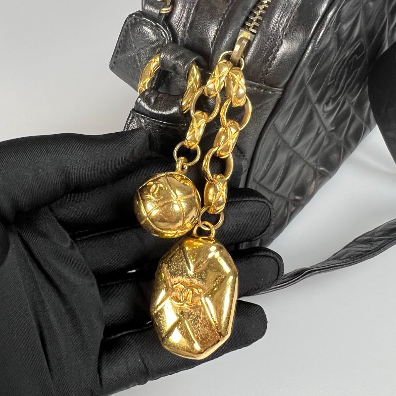 CHANEL 菱格紋金球雙層相機包 黑 26開-7