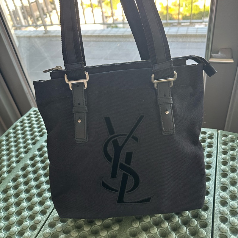 YSL SAINT LAURENT 帆布手提肩背包 黑銀-0
