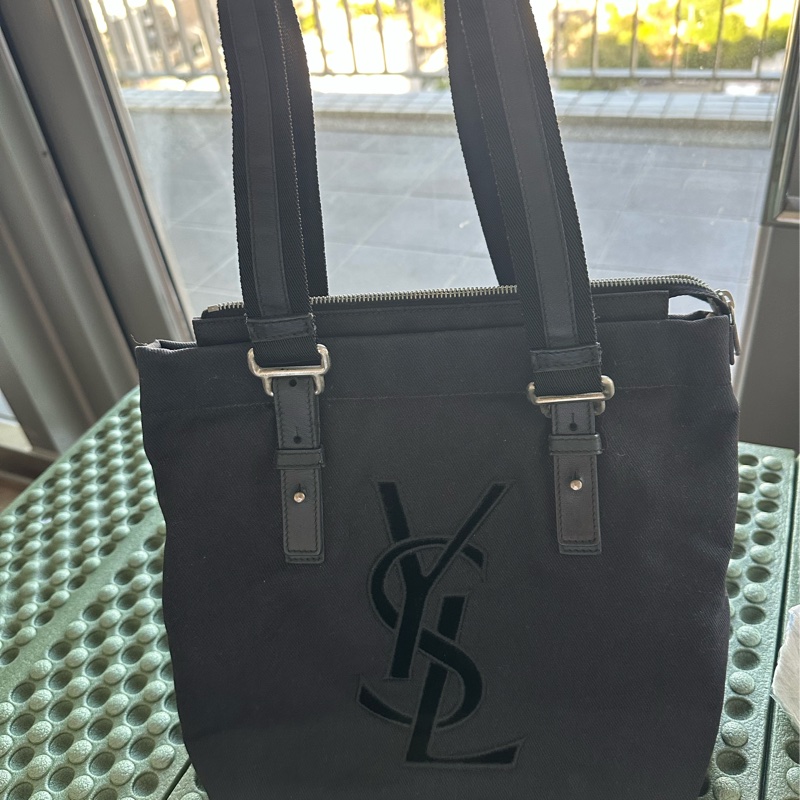 YSL SAINT LAURENT 帆布手提肩背包 黑銀-6