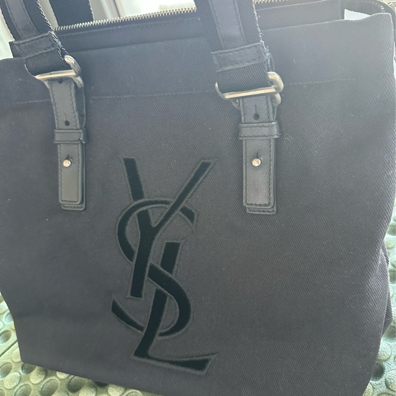 YSL SAINT LAURENT 帆布手提肩背包 黑銀-7