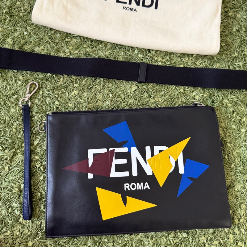 二手FENDI 牛皮字母logo印花手拿包7N0110AC9I/男女皆可(附手提把/+送🎁MK肩背帶)-0